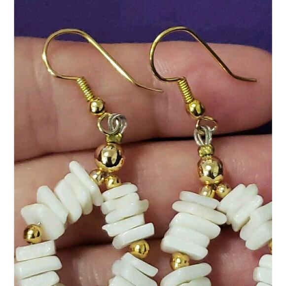 Shell Chip Dangle Hoop Earrings, Bright White Polished Smooth, Gold Tone Accents - Picture 7 of 9